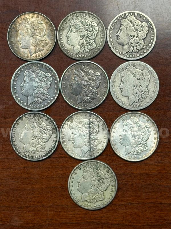 Lot of 10 U.S. Morgan Silver Dollars (1921, 1921-S, 1921-S, 1900-O, 1900, 1882-O, 1883, 1889, 1890, 1921-S)