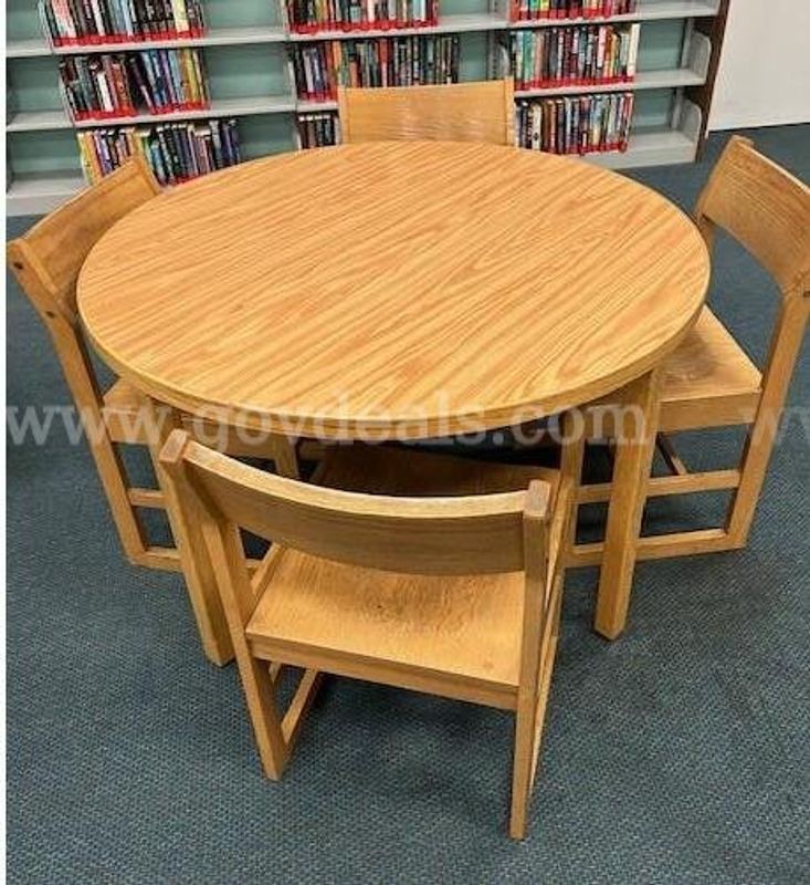 6 - Wooden 4ft across center Round Tables with 20 - Wooden Chairs