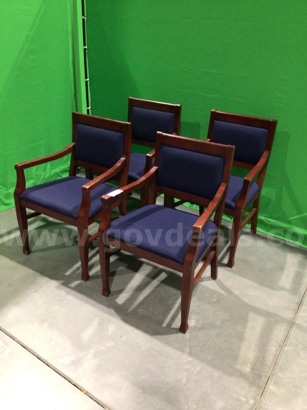 Lot of (4) Blue Fabric Chairs With Wooden Arms