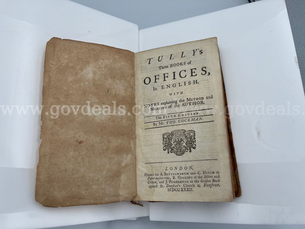 Rare Books, Cicero, Marcus Tullius, Tully's Three Books of Offices, in English, Pub. 1732