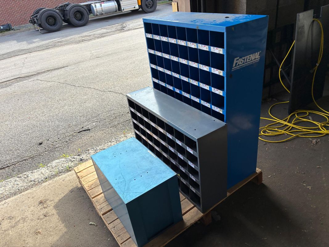 Lot of (3) Various Fastenal Industrial Metal Storage Bin Organizers and Cabinet Set