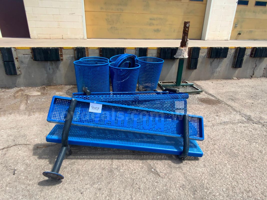 USED PARK BENCHES AND TRASH CANS