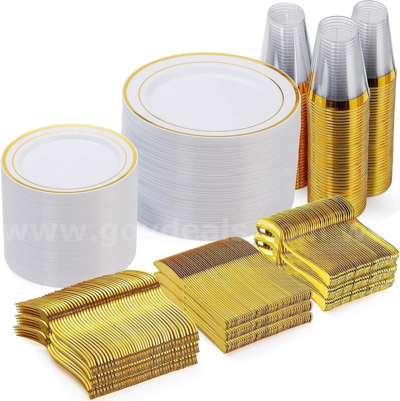 Brand New - 600 Pieces Gold Disposable Plastic Party Tableware Set - Shipping Available