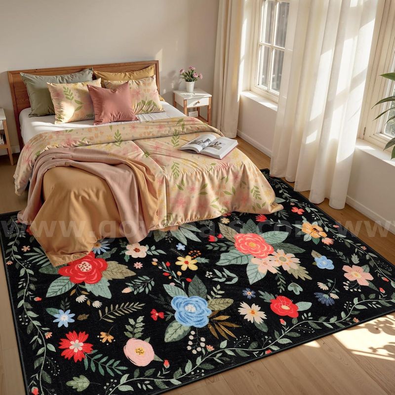 Brand New - Black Floral 5'x7' Kids Rugs for Playroom, Cottage Core Rug - Shipping Available
