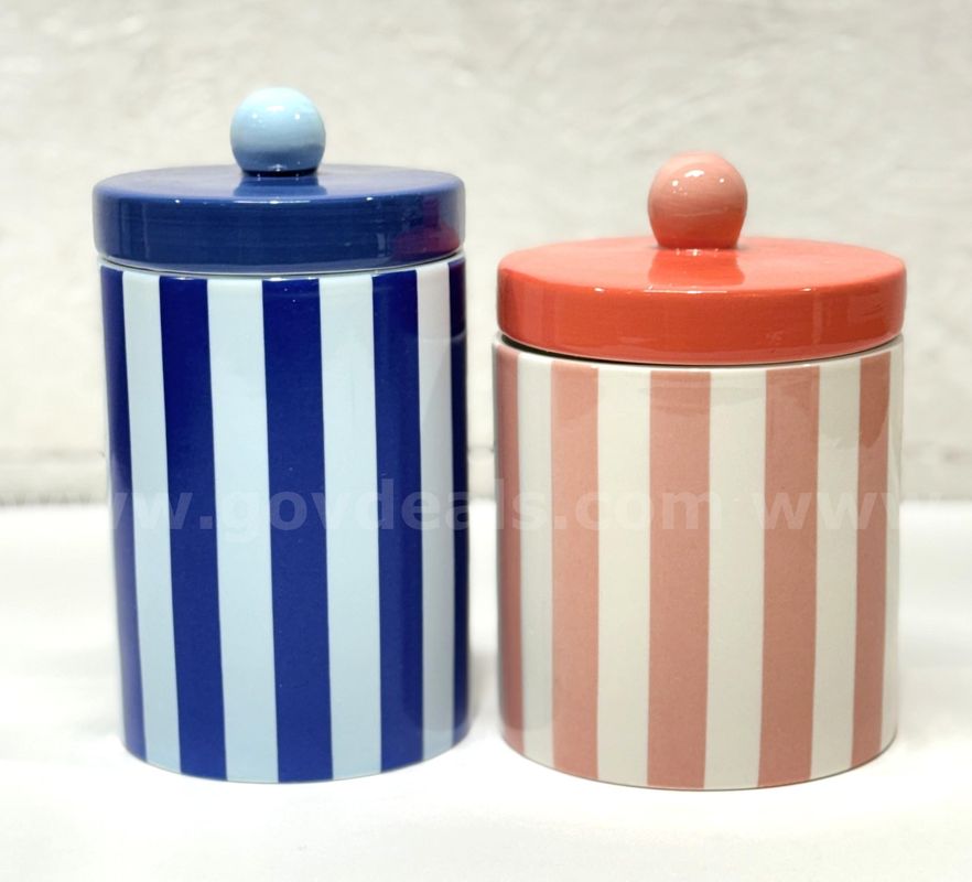 Brand New - Lot of 2 - Summer Red and Blue Striped Ceramic Jars - Shipping Available