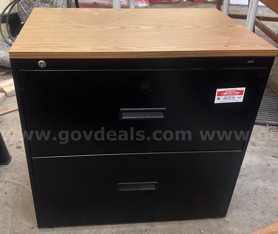 Black Two Drawer Filing Cabinet with Wood Top