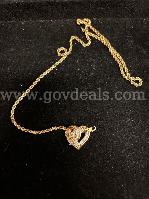 14K Marked Heart Pendant with Clear Stones and Gold-Tone Chain