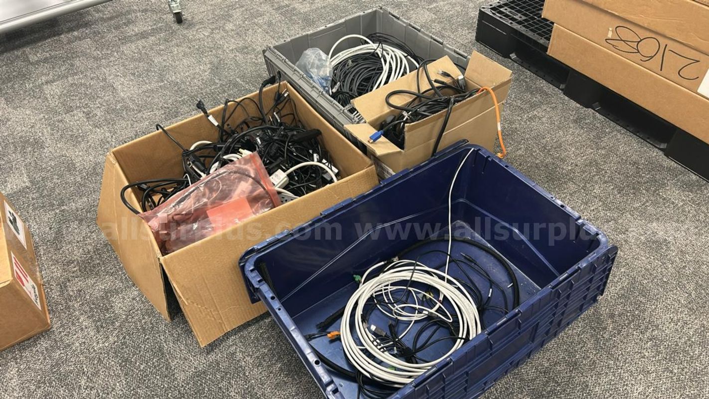 3 Boxes Misc. Cables, Surge protectors, Power Cords