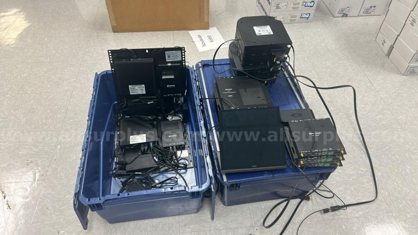 18 pcs Crestron Video Conference System, Monitor, Transmitters, Cable Retractors etc.