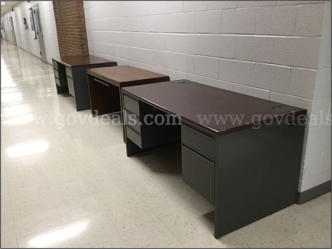 (2) Metal Desk with Wood Desktop and (1) Wood Desk with Keyboard Tray