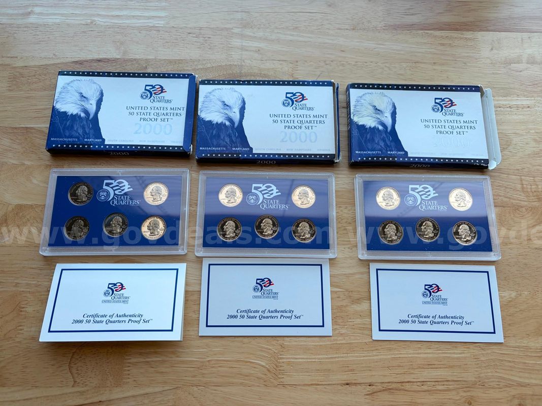 TiDDRs: 3 (three) United States Mint 50 State Quarters Proof 5-coin sets. All year 2000.