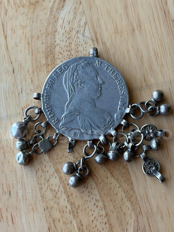 TiDDRs: Antique Maria Theresa Thaler Silver Coin Medallion Pendant with Dangles (Yemen)