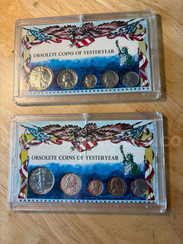 TiDDRs: 2 Sets of 5-coin Collections of "Obsolete Coins of Yesteryear" 90% Silver (all except the Steel Cent)