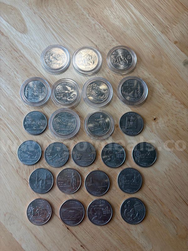 TiDDRs: "States" U.S. Quarters (24 coins) from various years. Some encased.