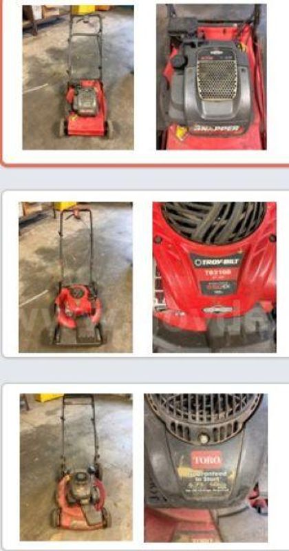 MOWING EQUIPMENT 3 Lawn Mowers 1 Snapper, 1 Toro, and one Troy-Bilt Mower.
