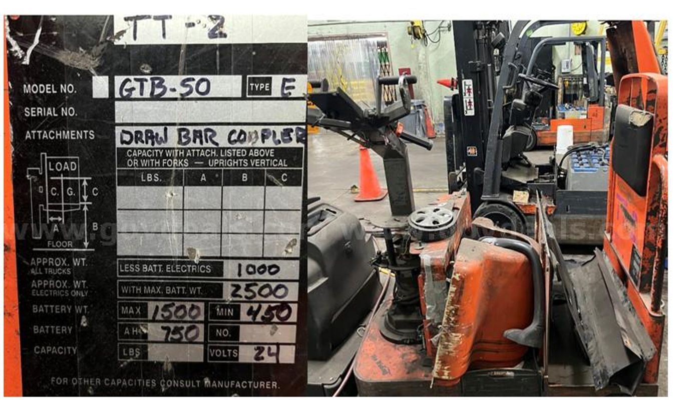 Lot of 8 includes 2 Forklifts, 3 Rider Pallet Trucks, 3 Tow Trucks