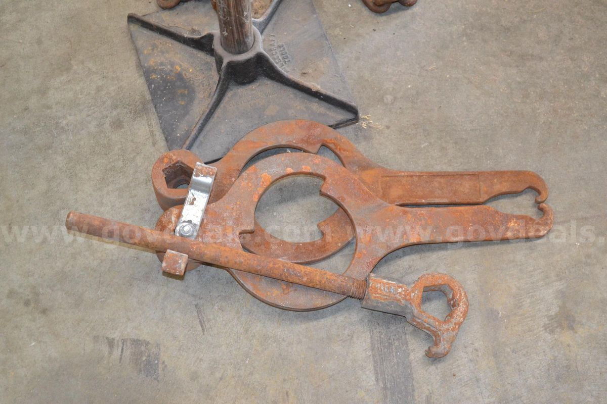Lot to include Three (3) antique style hydrant wrenches, Ground/Dirt Tamper with wooden handle, and One (1) 7' Log Chain