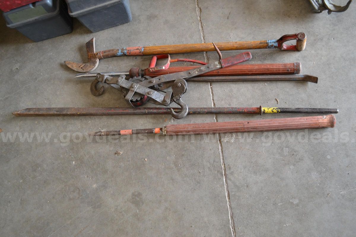 Lot to include hay hook, rock bar, come-a-long, two (2) slide chisles, one (1) D-Handle metal can opener
