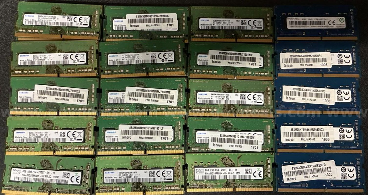 Lot of 106 used 8GB SODIMM RAM - Samsung, Kingstown, SK hynix, Micron, and Ramaxel