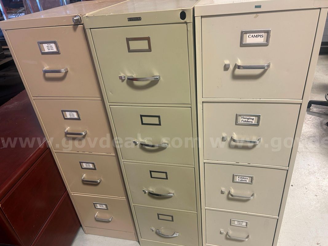 Lot of Filing Cabinets, Red Oak Desks, Student Desks