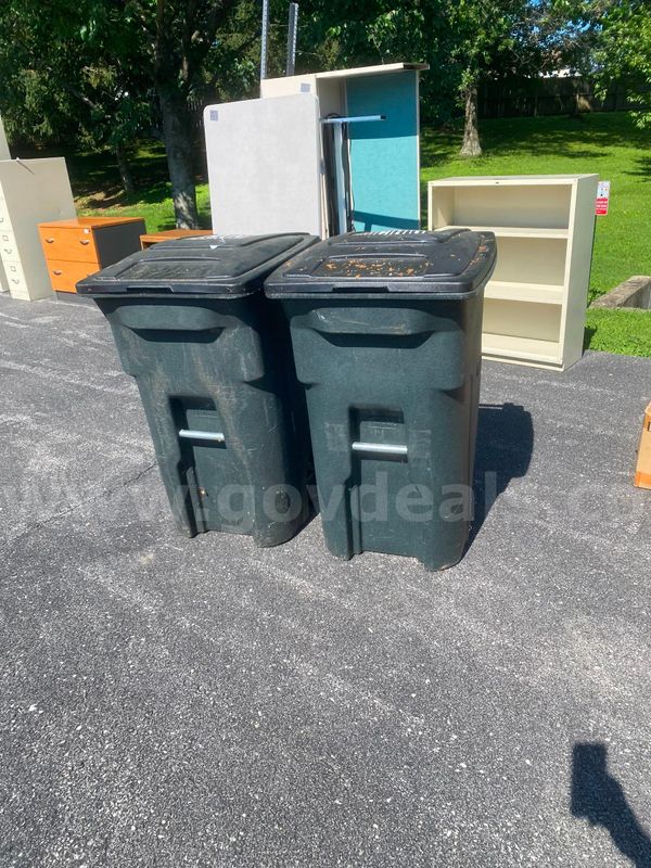 Group of multiple sized trash bins and Corner mirror