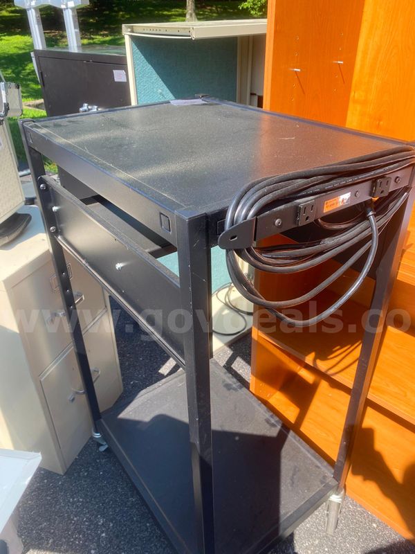 Black rolling cart with electrical connection (lot of 1), file cabinets, 5 drawer (lot of 3)