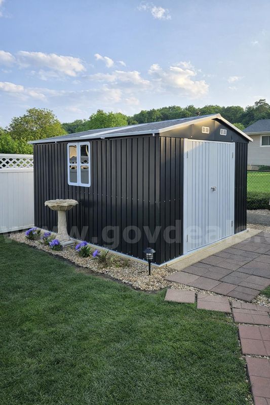 FREE SHIPPING NEW 10x12x7 FT Metal Outdoor Storage Shed w/ Double Doors, Windows & Transparent Panels – Dark Gray