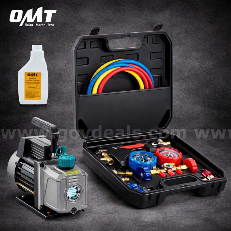 Free Shipping - New 3.5 CFM 1/4 HP HVAC Vacuum Pump & Manifold Gauge Set Kit w/ Case