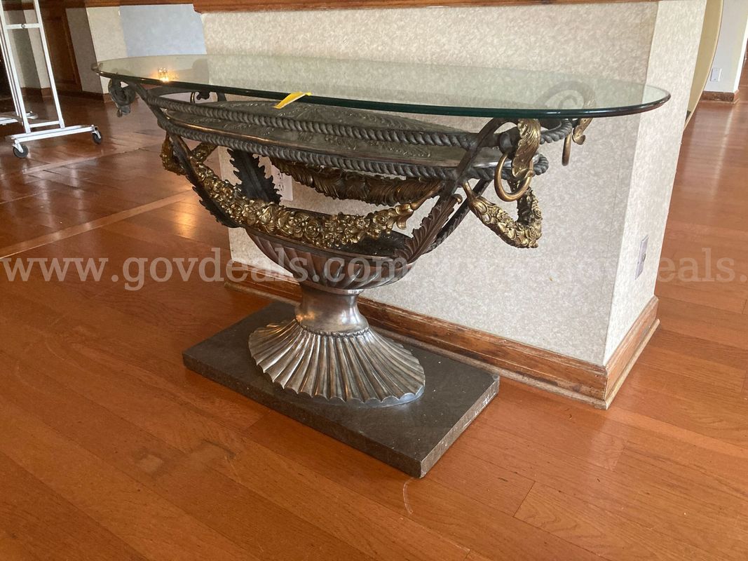 Glass Table - Oval with decorative metal base