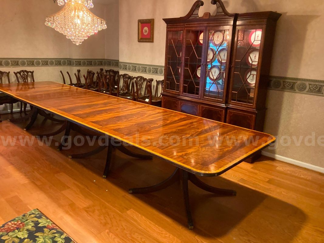 Large Wood Dining Table (in 4 sections), Wood Hutch, 20 Wood Padded Chairs