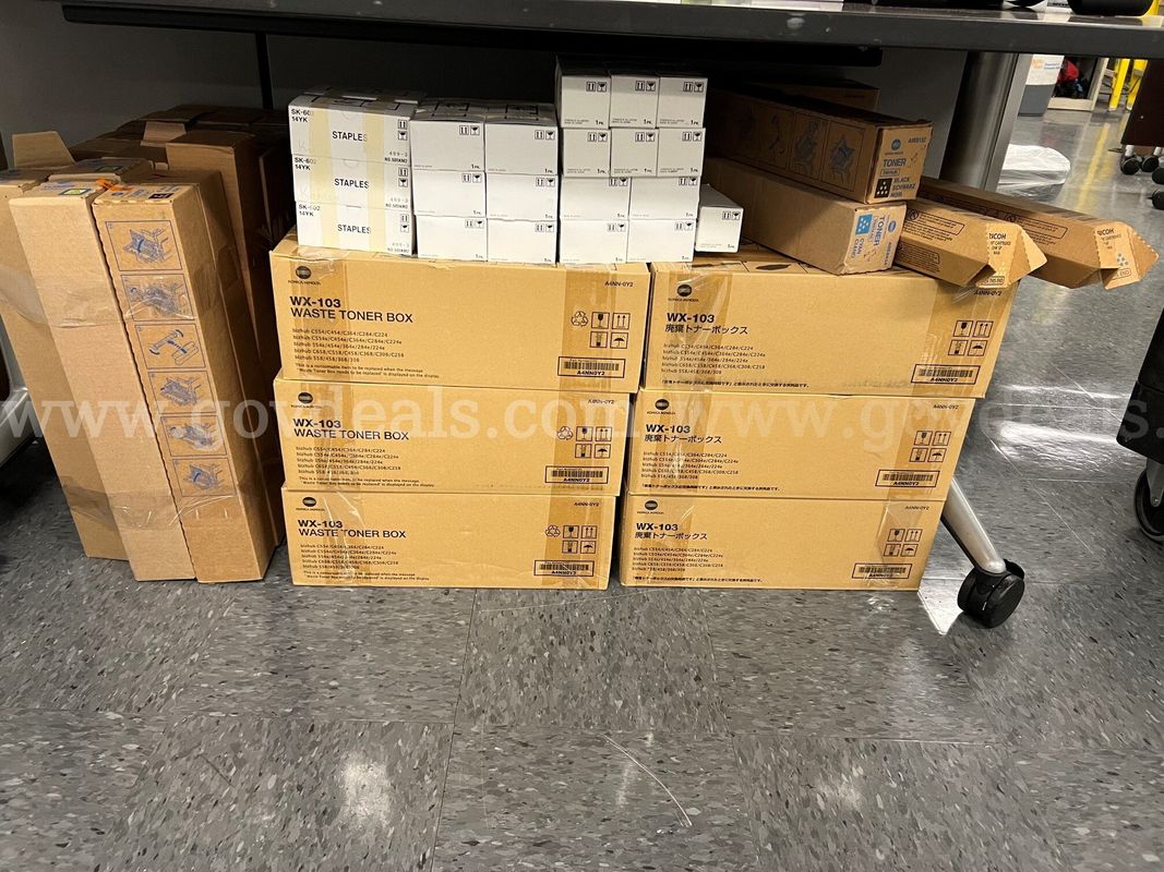 Lot of 117 Konica Minolta Toner, Waste Toner Boxes, and Staples