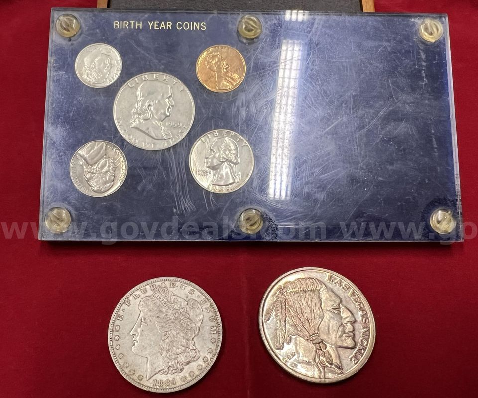 1 U.S. 1884 Morgan Silver  Dollar, 1 Troy Oz .999 Silver Las Vegas 'Nickle', 1 U.S.1959 Birth Year Coin Set