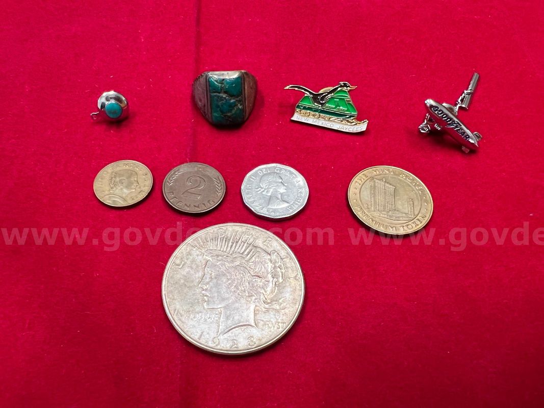 U.S. Silver Peace Dollar Coin, Turquoise & Silver Tone Ring, Goodyear Blimp Tie Pin And Misc Items