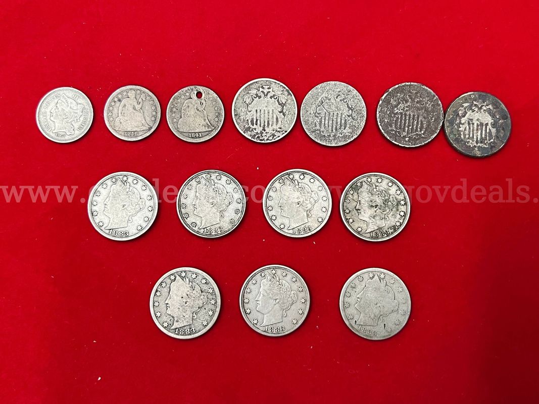 2 U.S. SILVER LIBERTY SEATED DIMES, 1 U.S. THREE-CENT NICKEL, 4 U.S. SHIELD NICKELS, 7 U.S. LIBERTY 'V' NICKEL