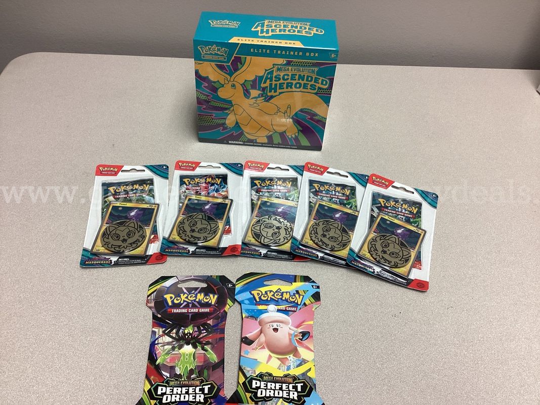 Mega Evolution Ascended Heroes Elite Training box, 5 Scarlet & Violet Twilight masquerade booster packs, 2 Sleeved pack
