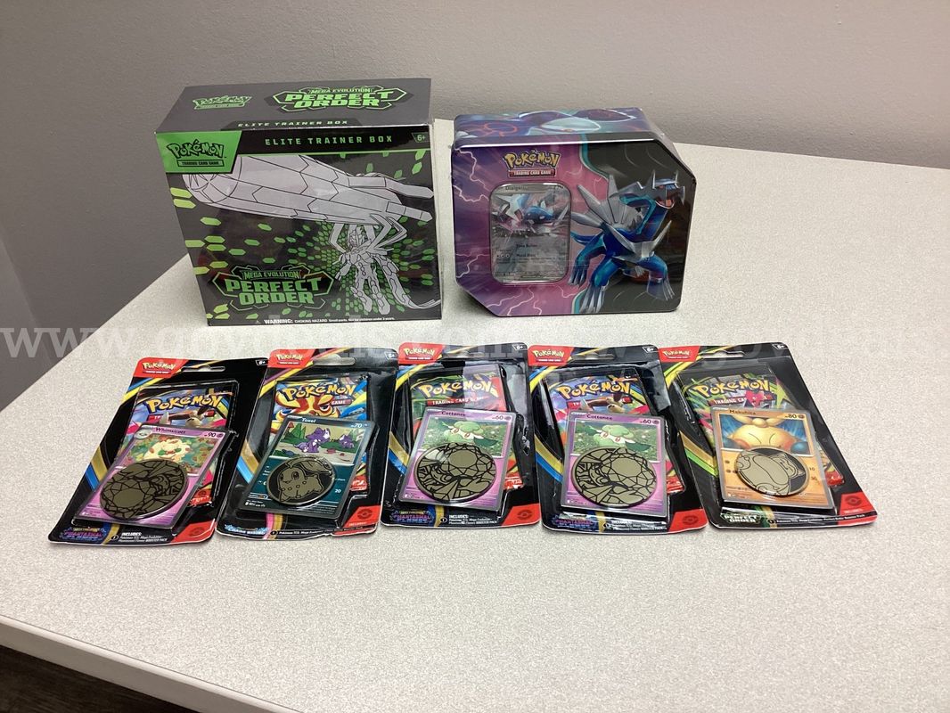 Pokémon Mega Evolution Perfect Order elite training box, Azure Legends Tin & 5 Booster Packs