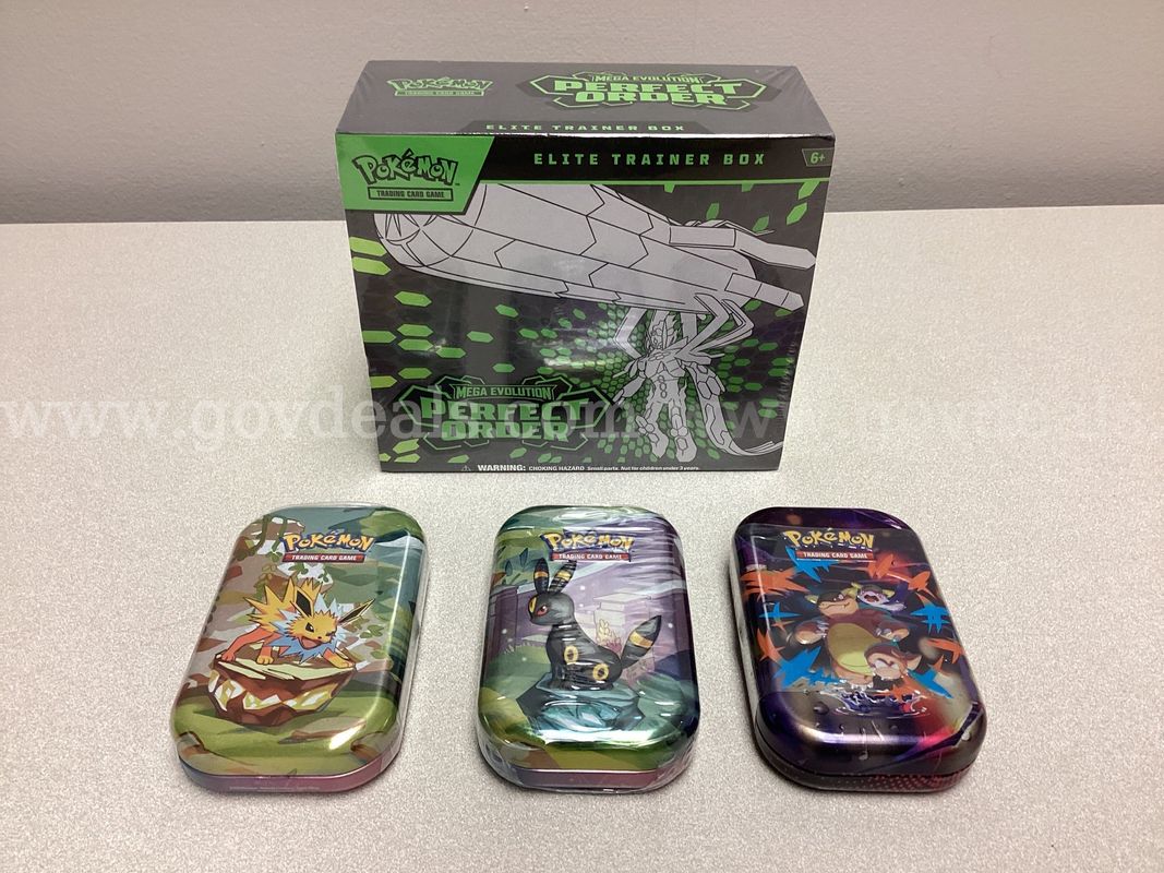 Pokémon Mega Evolution Perfect Order elite training box, 2 Prismatic Evolution Tins & 1 Mega Evolution Tin