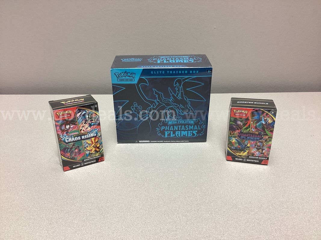 Pokémon Mega Evolution Phantasmal Flames elite training box, Chaos Rising and Phantasmal flames Booster Bundles