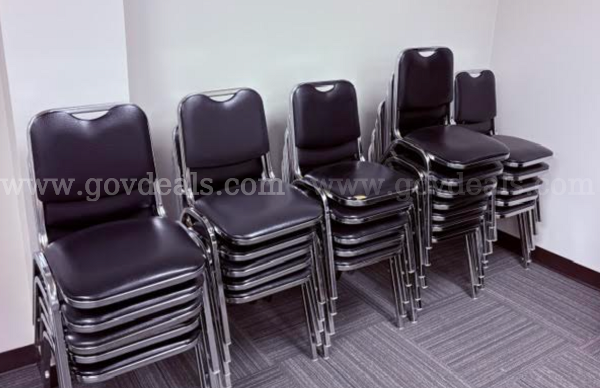 Lot of 12 Folding Tables (18"x72") and 30 black stacking chairs
