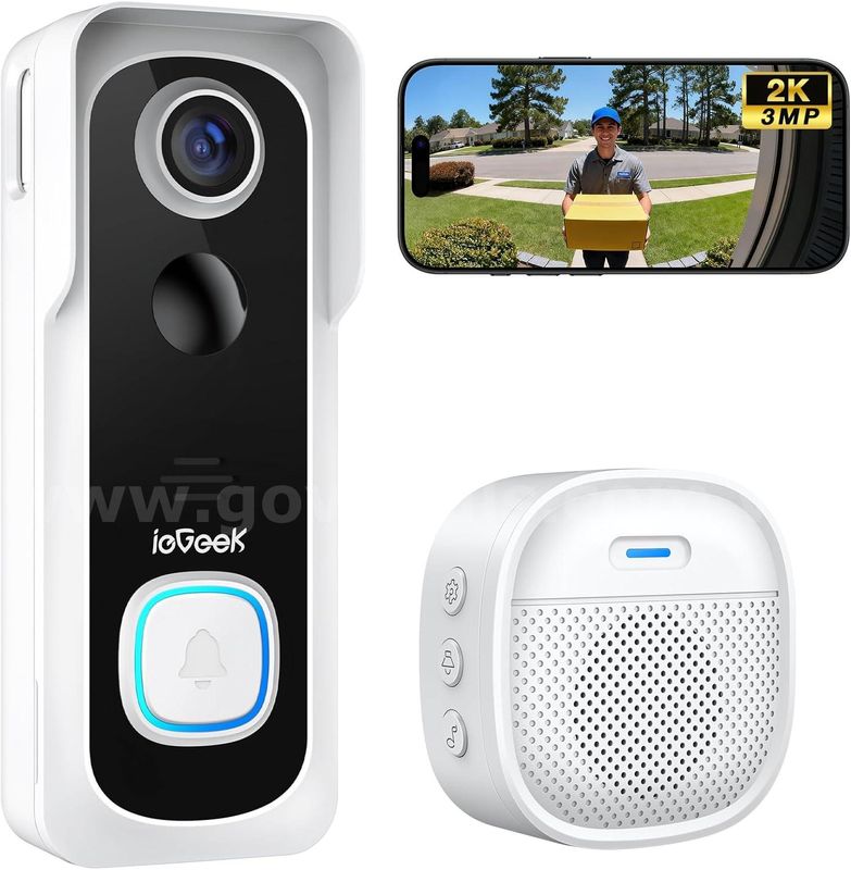SHIPPING AVAILABLE white ieGeek Doorbell Camera Wireless No Subscription, 2K 3MP HD View, 2-Way Talk(CM-02)