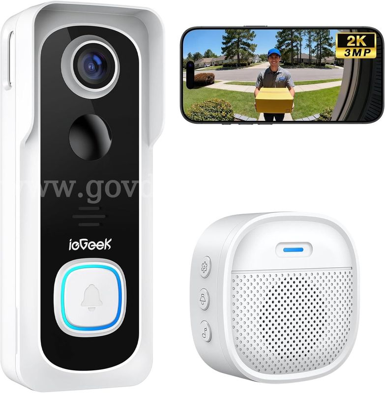 SHIPPING AVAILABLE white ieGeek Doorbell Camera Wireless No Subscription, 2K 3MP HD View, 2-Way Talk(CM-02)