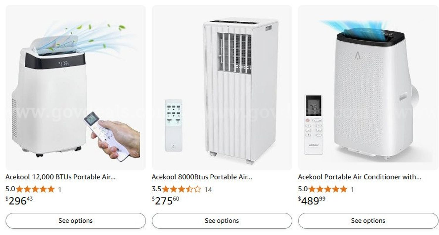 Lot of 3 Acekool Portable Air Conditioners CF14/CF12/CF8, Multi BTU Rating 14000/12000/8000, 3-in-1 Cooling (F-02)