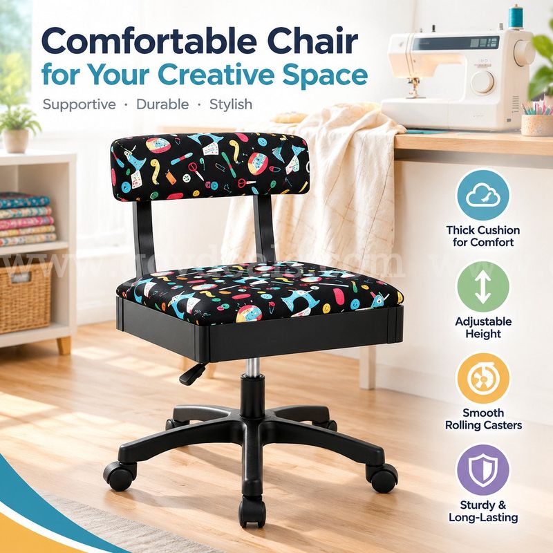 SHIPPING AVAILABLE Lessmore Adjustable Height Sewing and Crafting Chair with Wheels, Back Support, and Under Seat(A-15)