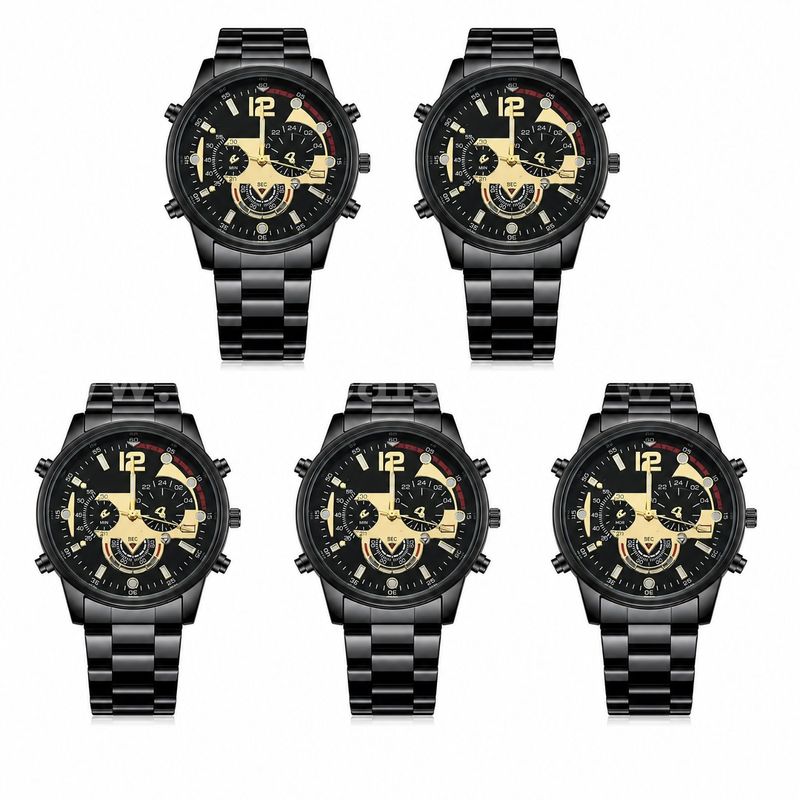 SHIPPING AVAILABLE lot of 5 Men's Black Gold Stainless Steel Band Watch Large Dial Decorative Multi-Dial Quartz(W1-030)