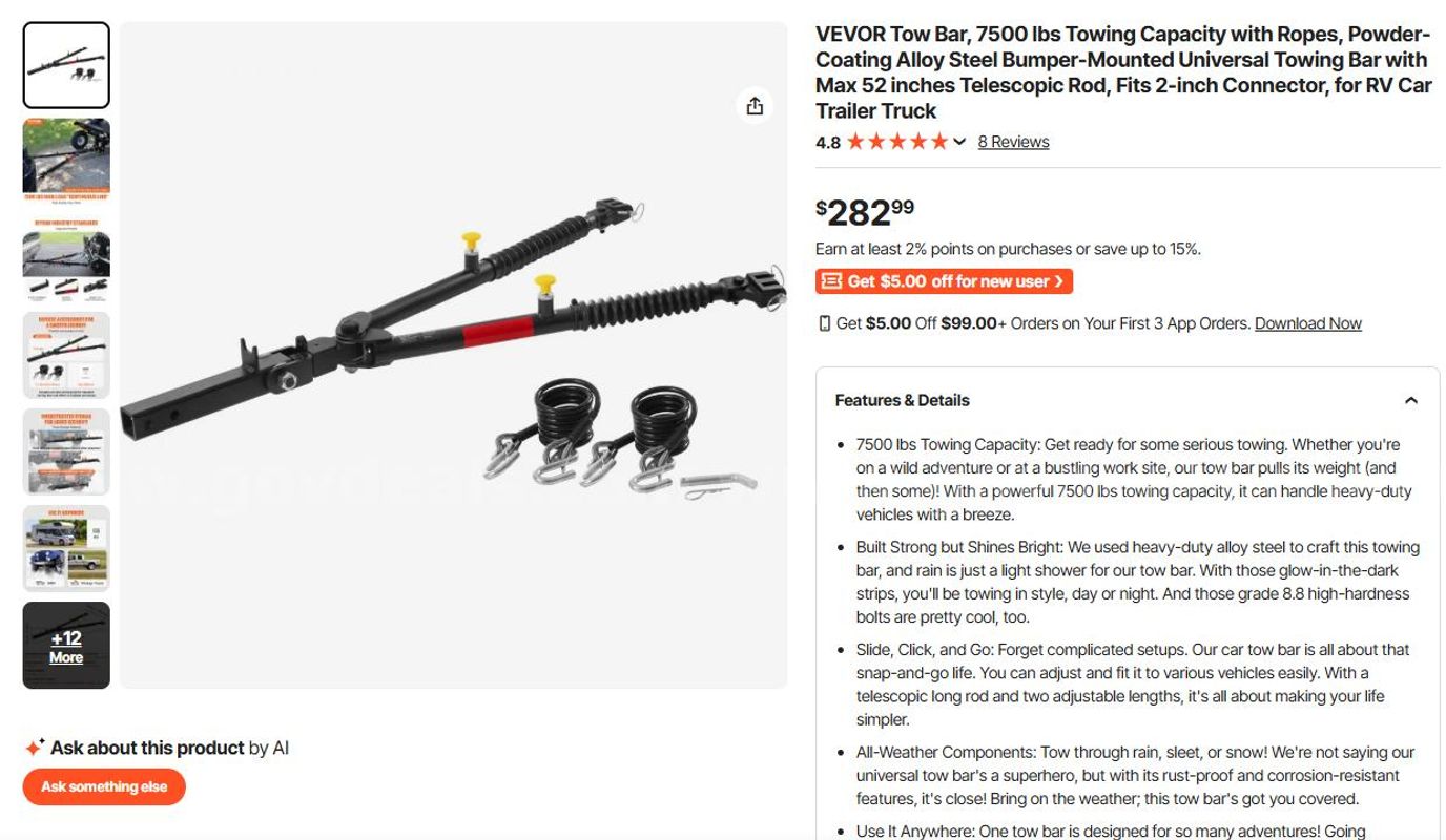 SHIPPING AVAILABLE Tow Bar, 7500 lbs Towing Capacity with Ropes, Powder-Coating Alloy Steel Bumper-Mounted (7500) (1 of 12)