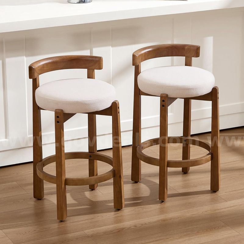 SHIPPING AVAILABLE Lessmore mid-Century Beige Linen bar stools Set of 2 - Low Back Counter Height stools (A-30)