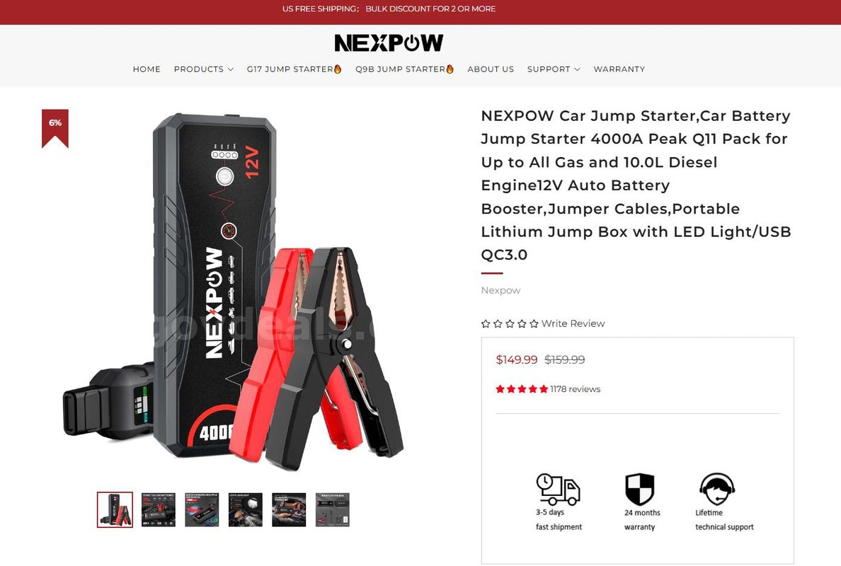 SHIPPING AVAILABLE NEXPOW Q11 4000A Jump Starter, 12V Portable Car Battery Booster Pack for All Gas & 10L (4000-AN)