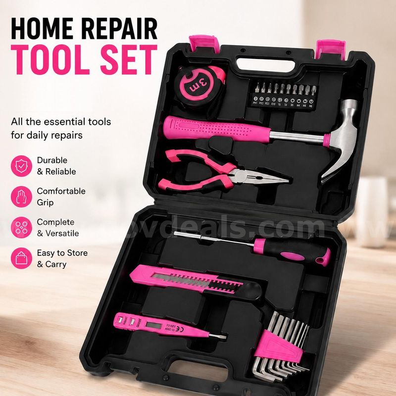 SHIPPING AVAILABLE Pink Household Tool Kit with Toolbox, Screwdrivers, Pliers, Hammer & Tape Measure (AA1-07)