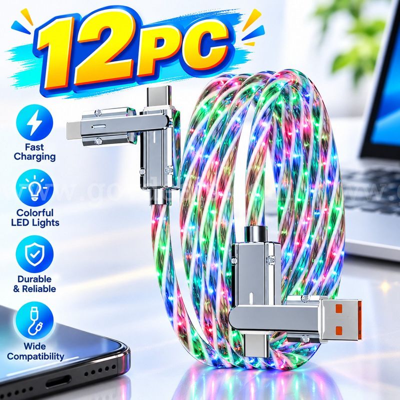 SHIPPING AVAILABLE Lot of 12 New 4-in-1 LED Light Up Fast Charging Cables, 3.3FT RGB Glow Multi USB Cable (AA-05)