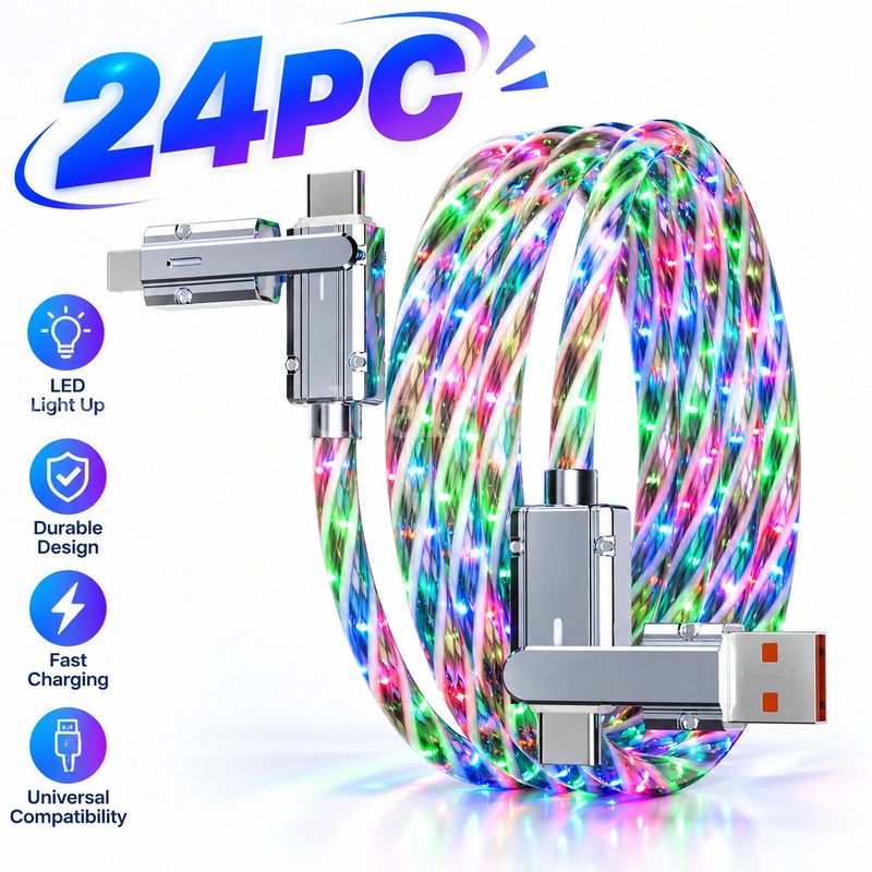 SHIPPING AVAILABLE Lot of 24 New 4-in-1 LED Light Up Fast Charging Cables, 3.3FT RGB Glow Multi USB Cable (AA-05)